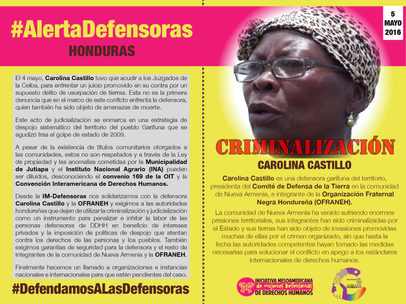Postal #AlertaDefensoras Carolina Castillo 05052016