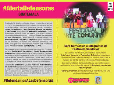 Postal #AlertaDefensoras Sara Curruchich Fetsivales solidarios