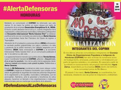 Postal #AlertaDefensoras COPINH actualizacion 16032016