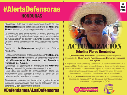 Postal #AlertaDefensoras Orbelina Flores 12042016