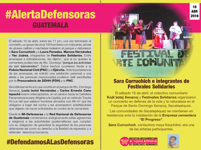 Postal #AlertaDefensoras Sara Curruchich Fetsivales solidarios