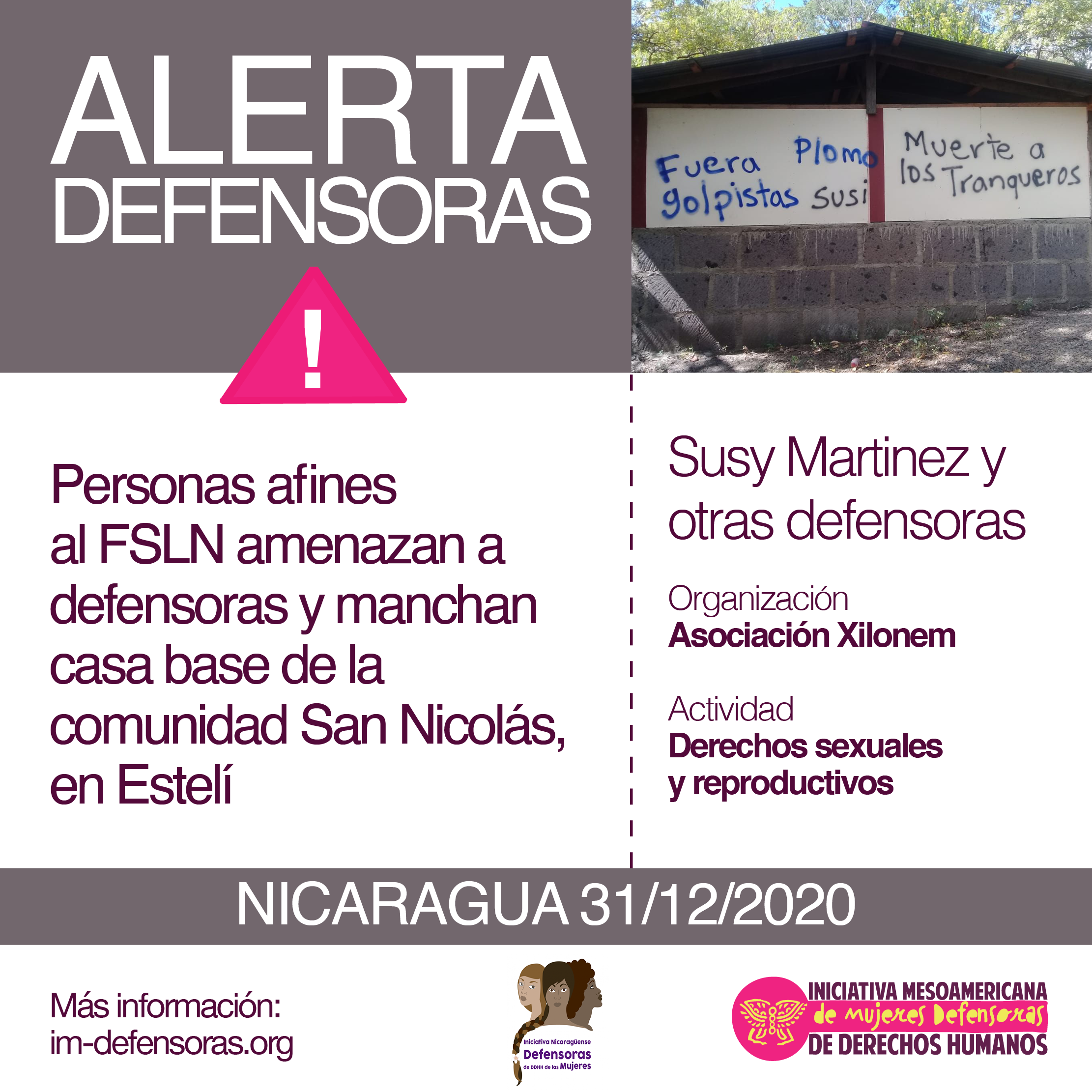 Personas afines al FSLN vandalizaron hoy la casa base de la comunidad en Las puertas en San Nicolás, Estelí. Las pintas, que contienen la palabra “PLOMO” y la frase “Fuera golpistas” parecen estar dirigidas a Susy Martínez, integrante de la Asociación de Mujeres Estelí Xilonem